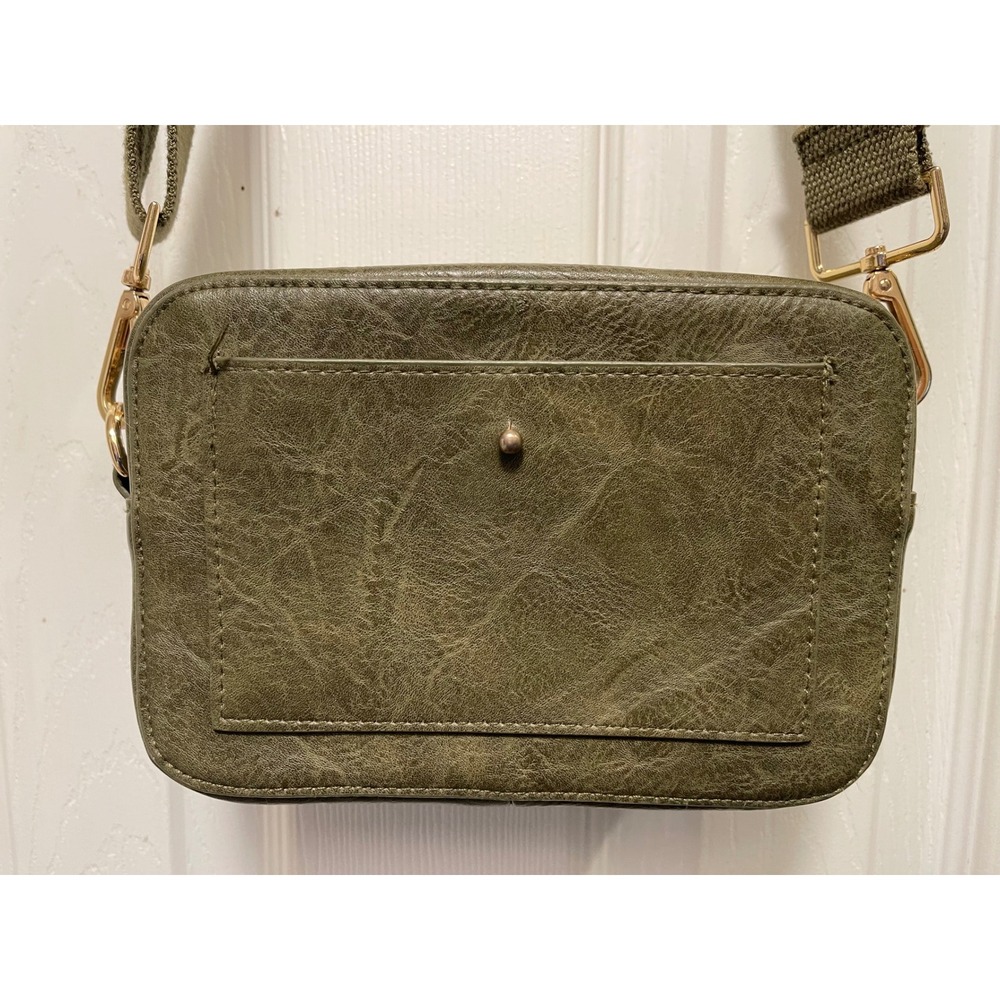 Olive Green Faux Leather Crossbody Camera Bag Gold Hardware Rectangular